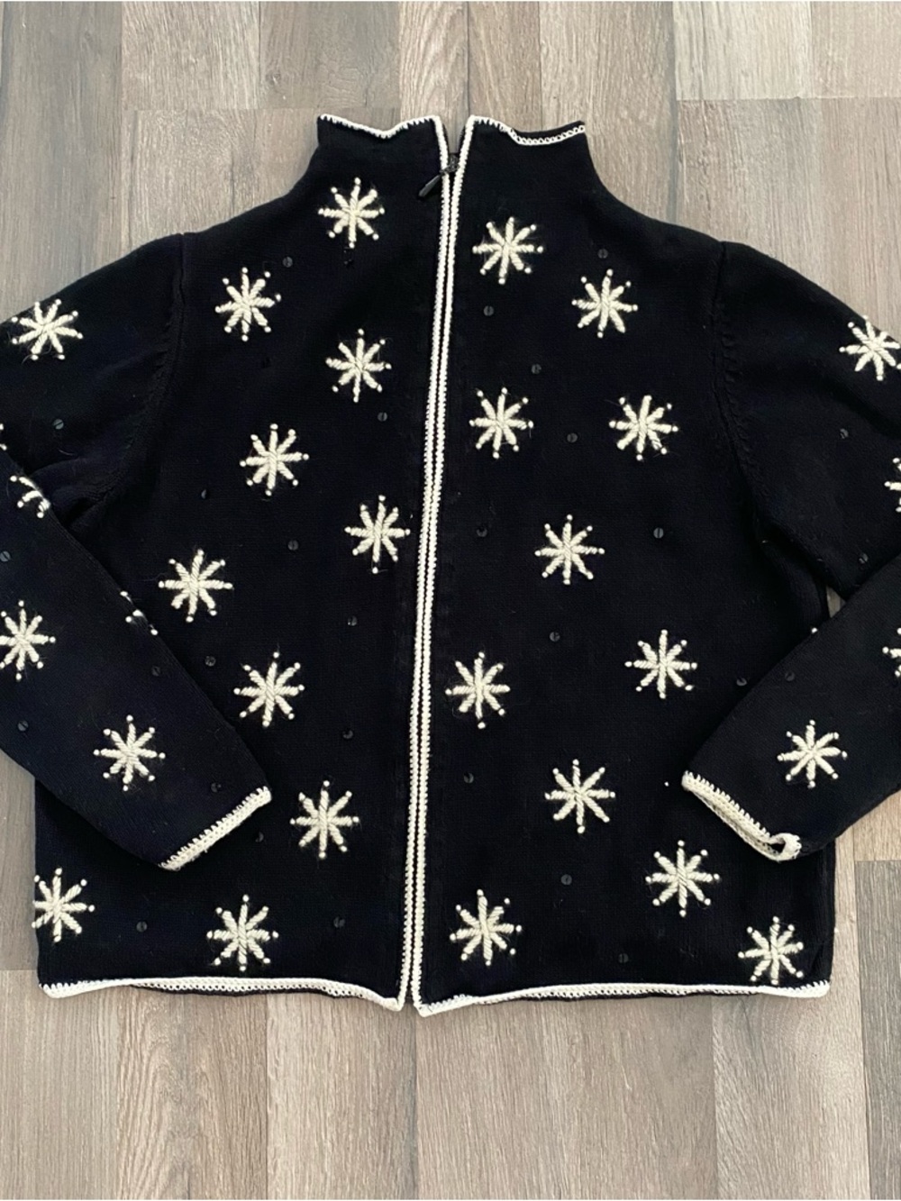 Vintage Black Snowflake Zip Up Jacket Cozy Knit